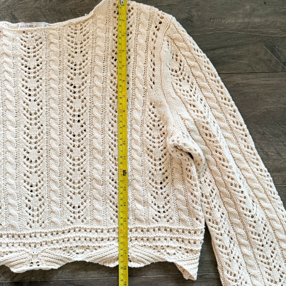 Sincerely Jules Cream Bell Sleeve Crochet Knit Crop Top Boho Scalloped Hem - Picture 4 of 7